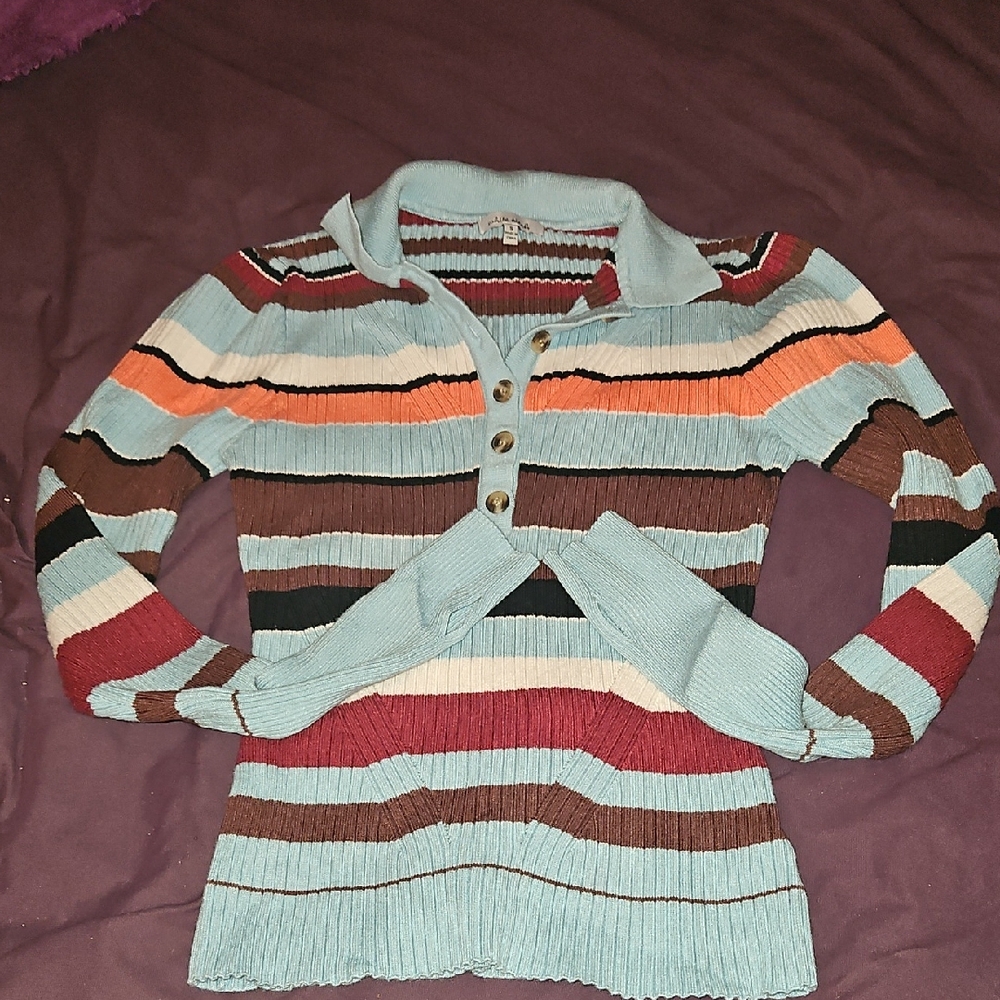 White Birch Multicolor Striped Collared Neck Sweater